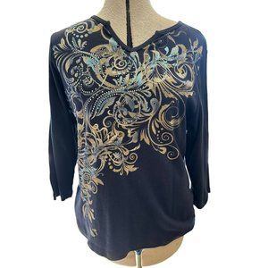 Christopher & Banks Top Women Sz P/XLBlue Rhinestone 3/4 Sleeve